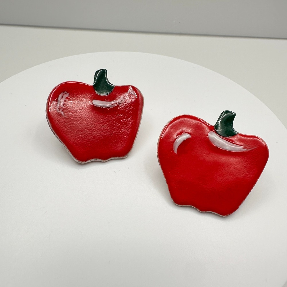 Vintage 90s Red Enamel Apple Earrings Green Leaf Flush Ceramics Fruit Jewelry